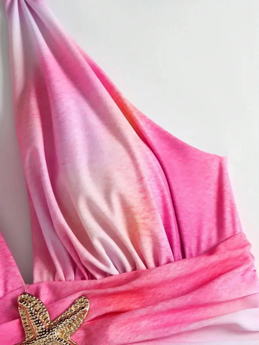 Womens Pink Tie-Dye Starfish Print One-Piece Swimsuit With Beach Skirt Set Summer