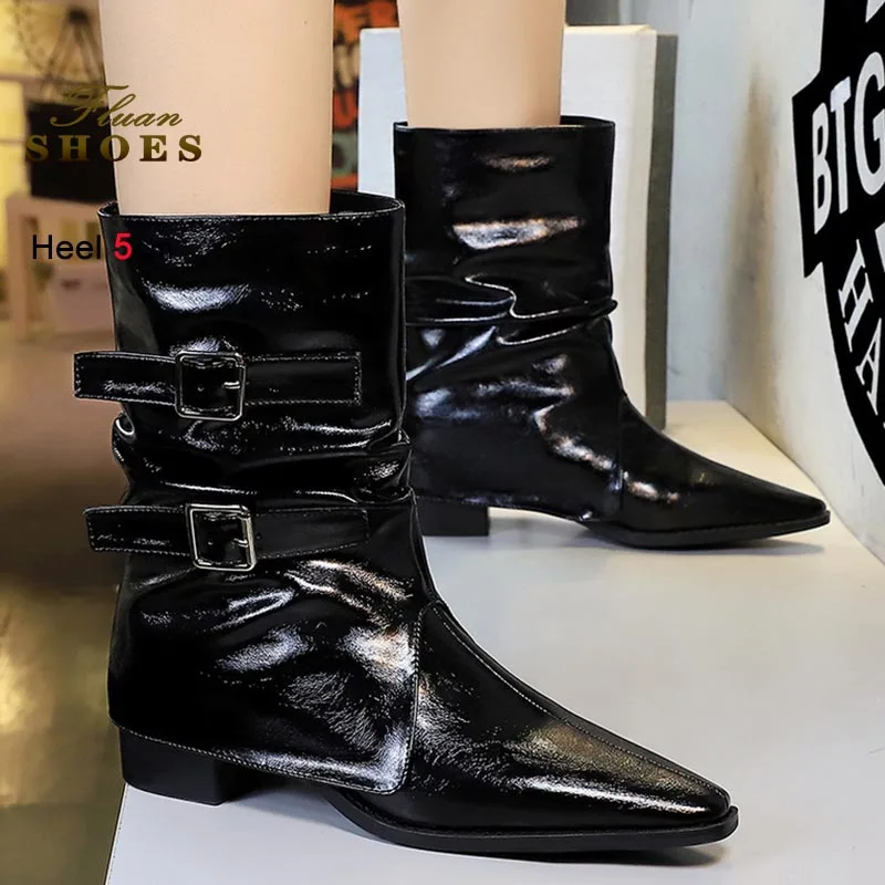 الخريف قبعات رعاة البقر الغربية أحذية النساء كعب خشن الجلود مشبك الأحذية المتوسطة موضة الأسود 5 سنتيمتر عالية الكعب فارس الأحذية أحذية الحفلات #2