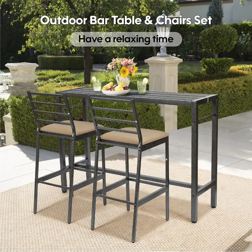3-Piece Outdoor Patio Bar Set, 55 High Top Pub Table with 2 Cushioned Stools, Metal Furniture for Deck or Balcony
