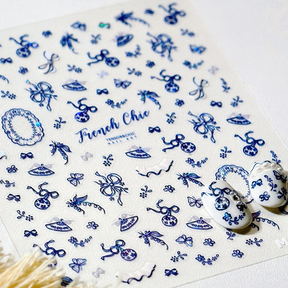 

Ethnic Style Blue Shiny Pattern Fan Flower Graffiti Love Heart Bohemia Totem Moon Star Chinese Nail Art Stickers Manicure Decals