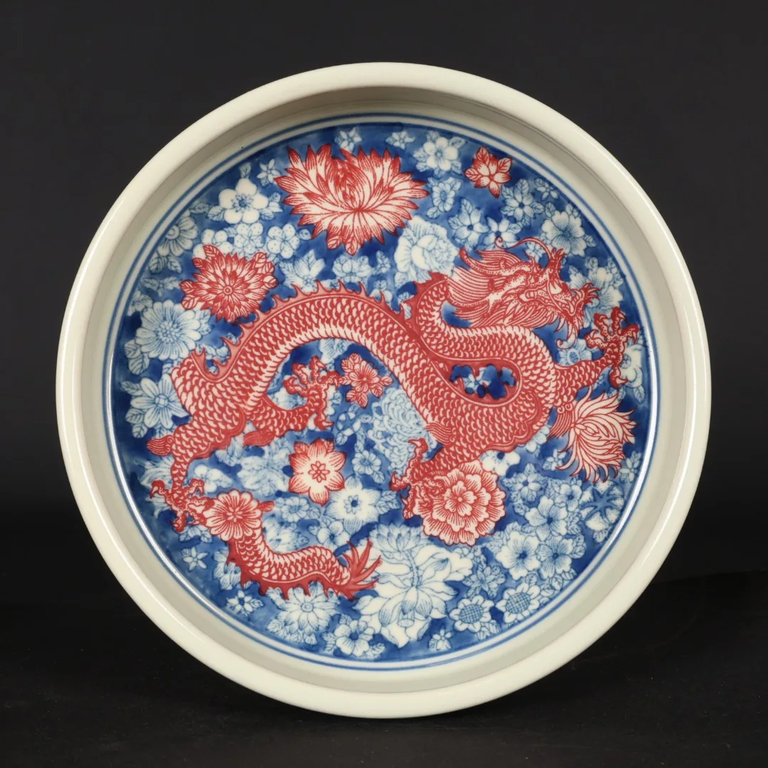 Jingdezhen Blue and White Glazed Red Wanhua Red Dragon Pattern Tea Washed Retro Porcelain Ornament