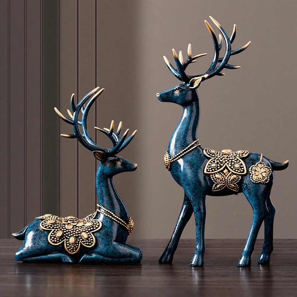 

2 PCS Large Resin Deer Figurine Sculpture, Tabletop Hand-painted Statue for Home Office Art Decoration, Blue