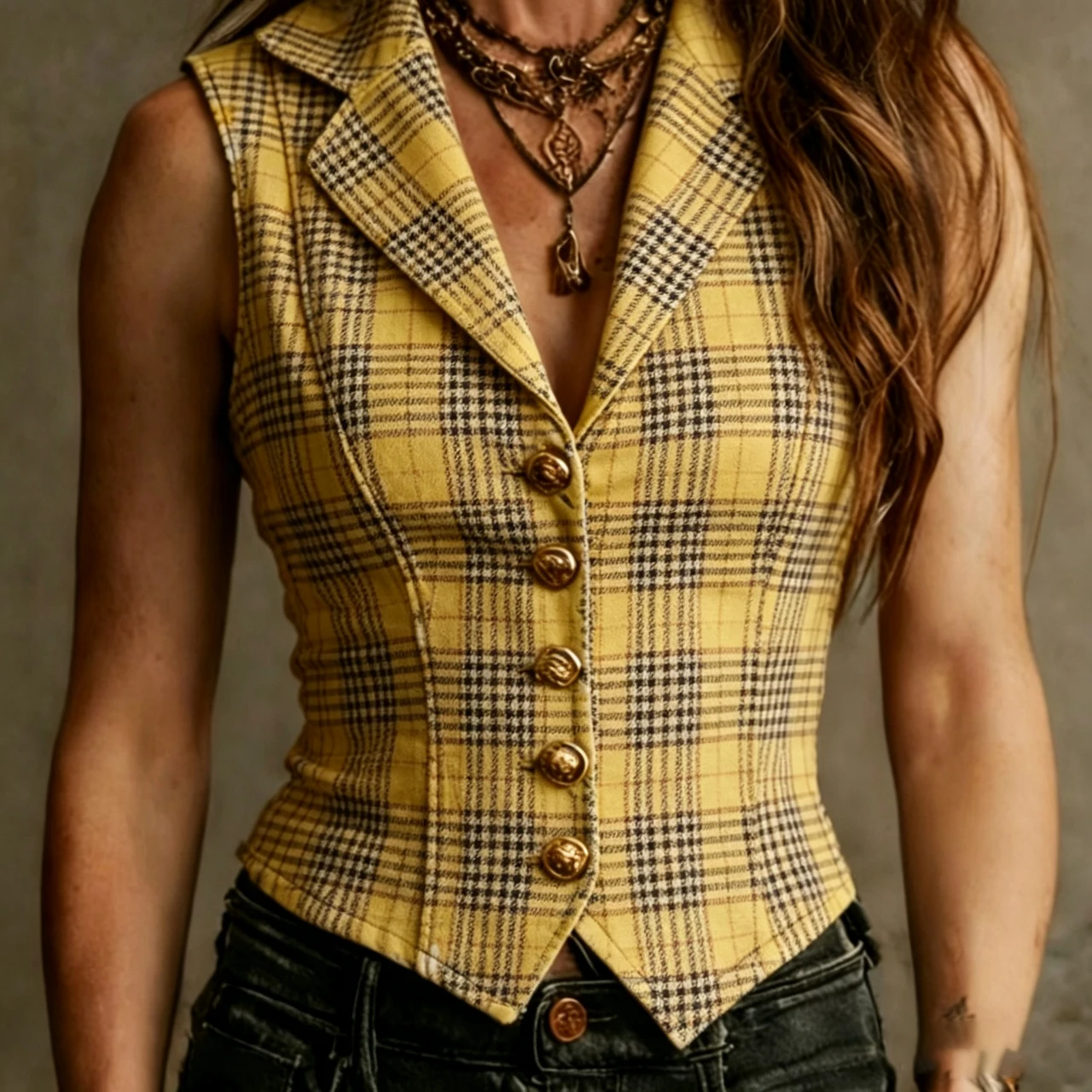 Retro Plaid Checkered Sleeveless Vest Jacket Women Lapel Collar Single Breasted Slim Corset Waistcoat Summer Streetwear Top