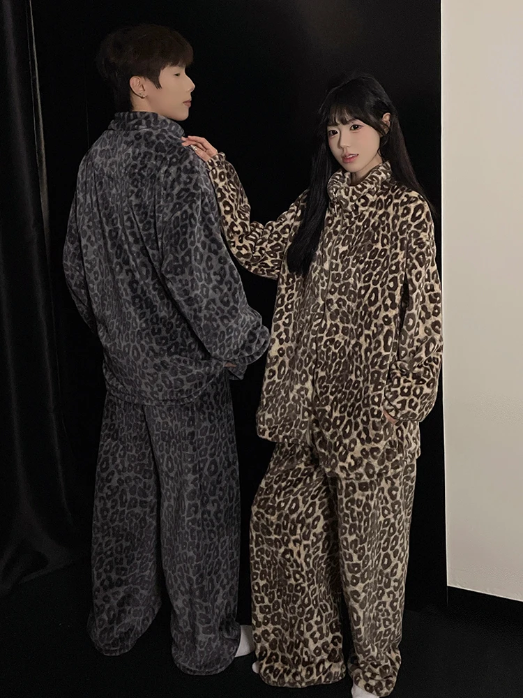 

DAIMELU Leopard print sleepwear set female pajamas women's autumn coral fleece flannel high-end thickened winter loungewear suit