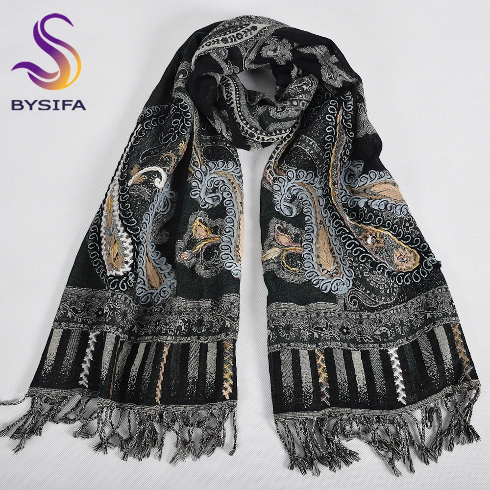 Black Grey Paisley 100% Wool Scarves Pashmina Thicken Women Winter Embroidery Scarf Shawl Fashion Accessories Warm Neck Scarf