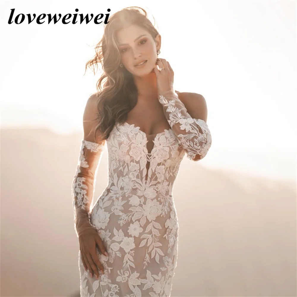 Boho Mermaid Wedding Dress For Women Modern Lace Applique Bridal Gowns Custom Made V Neckline Elegant Button Back Bride Dresses