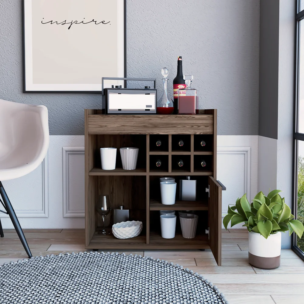 Bar- Coffee Cart Storage 6 Bottle Racks A Central Shelf Covered By 1 Wood Door Ideal for Storing Glasses and Snacks Dark Walnut