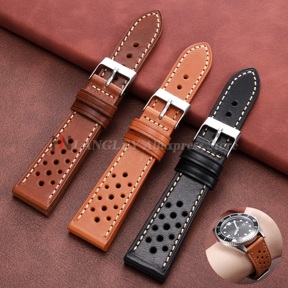 Handmade Cowhide Strap 18mm 20mm 22mm Vintage Brown Black Leather Watch Band for Seiko for Omega Wristband Breathable Bracelets