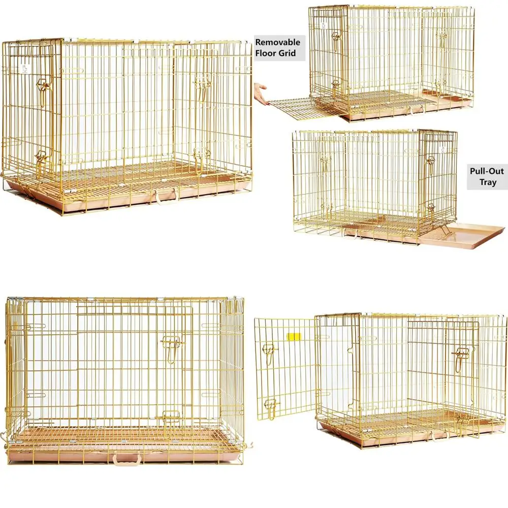 

Portable Folding Metal Dog Crate - 36 Inch Copper Gold Cage with Removable Floor Grid for Dogs
