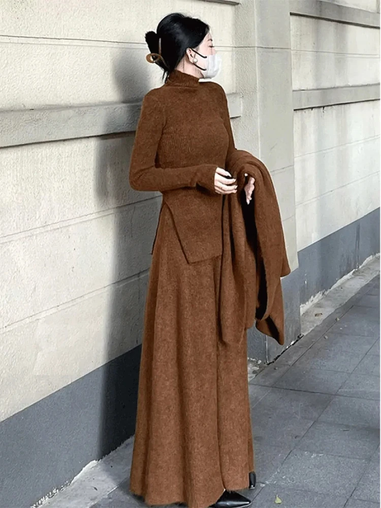 2024 Elegant Sexy Knitting 2 Piece Set Women Long Sleeve Sweater Pullover + A-line Skirt Vintage Two Piece Skirt Set Outfits