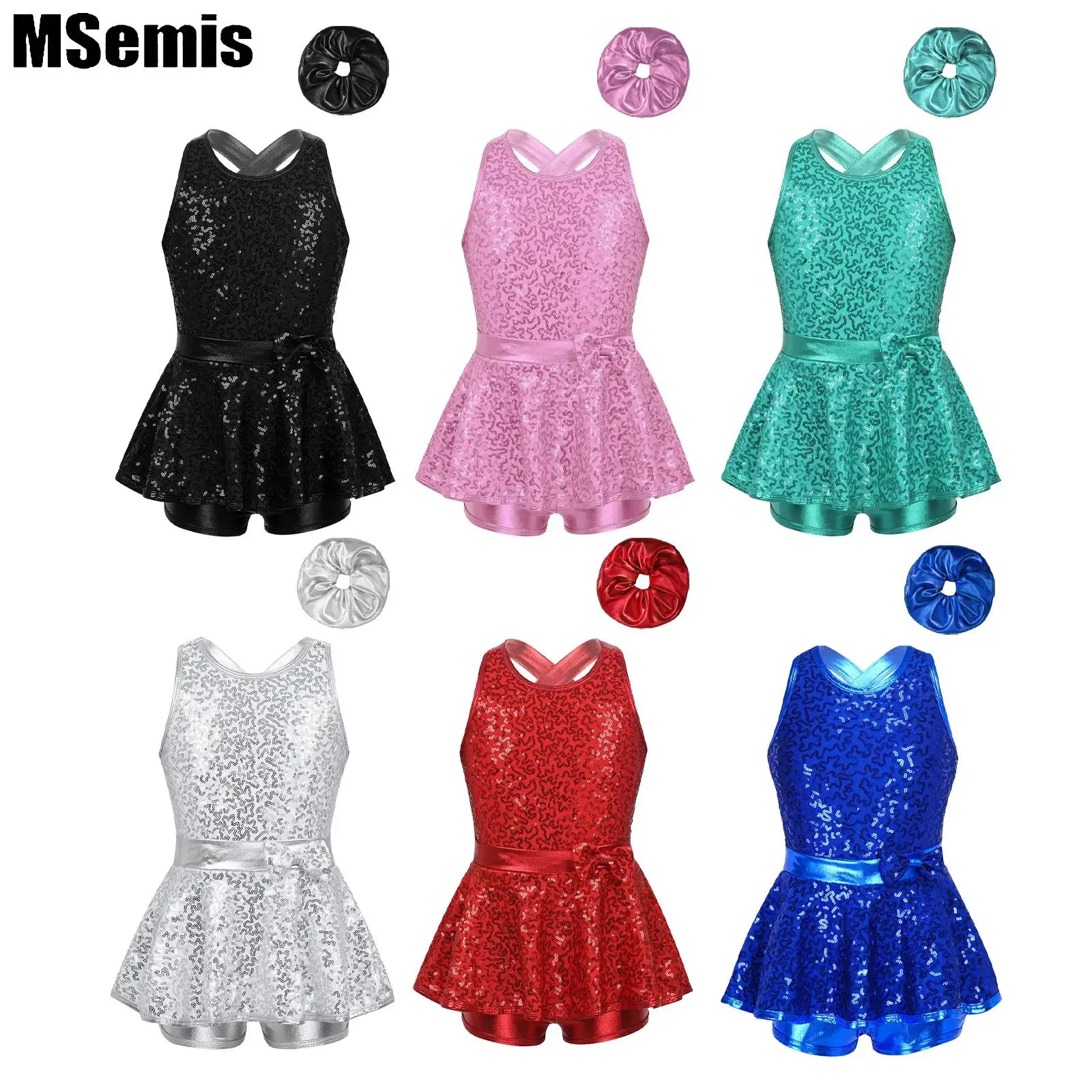 

Kids Girls Jazz Leotard Sets Performance Costume Sleeveless Sequined Criss Cross Back Waist Bowknot Dance Dress with Hair Band