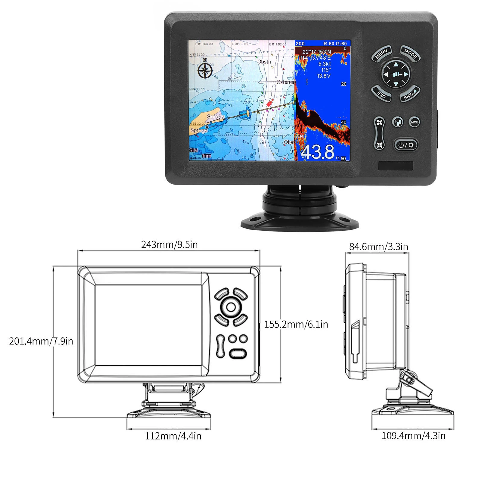 7in Marine Plotter Built in Fish Finder Colored LCD Display Split Screen IP66  Boat Navigation Locator Marine Plotter