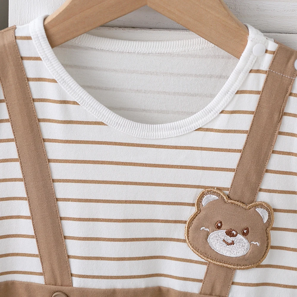 بذلة ناعمة ولطيفة على شكل دمية دب مخططة مكونة من قطعتين بحزام كتف للرضع والأطفال الصغار، نمط صيفي من القطن الخالص