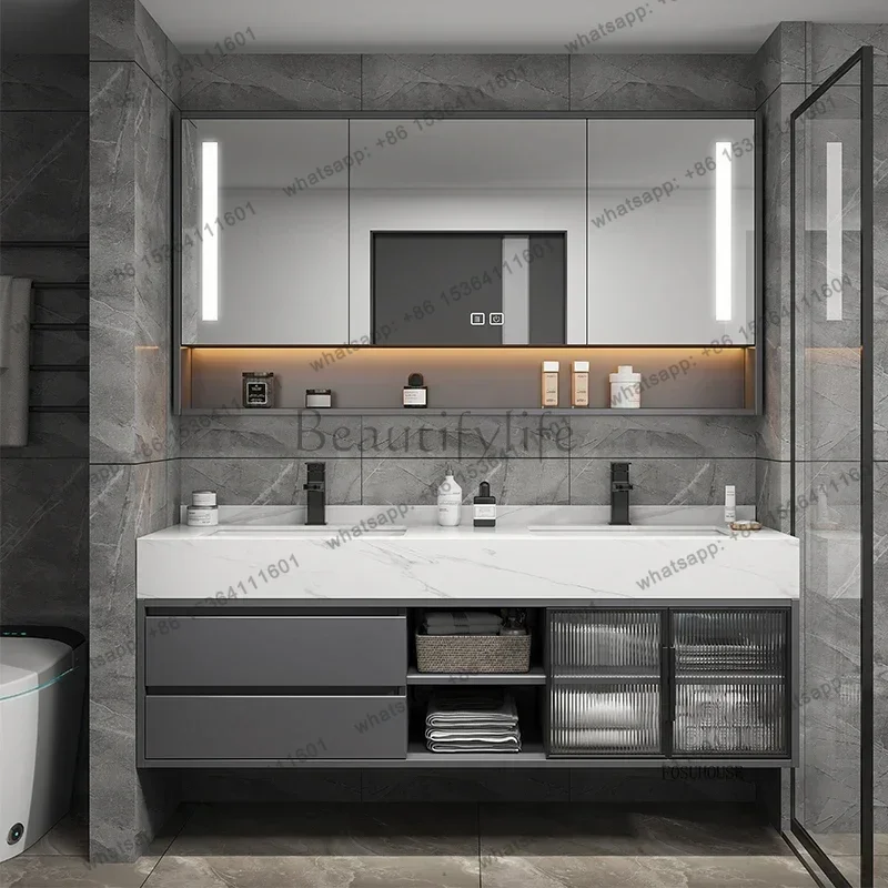 Nordic Bathroom Mirror Cabinet Double Basin Slate Integrated Ceramic Washbasin Bathroom Vanity Sink Cabinet Bathroom Furniture q