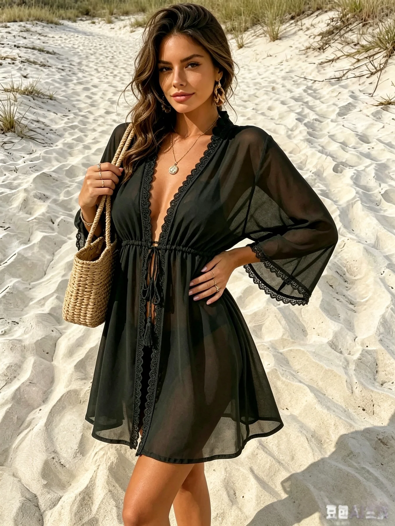 Black Sheer Chiffon Beach Cover Up Lace Trim Tassel Tie Waist Flare Sleeve Bikini Kimono Coverup view 4