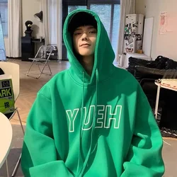 Green letter print hooded sweatshirt for men in autumn Hong Kong fashion brand design top high street loose velvet jacket y2k