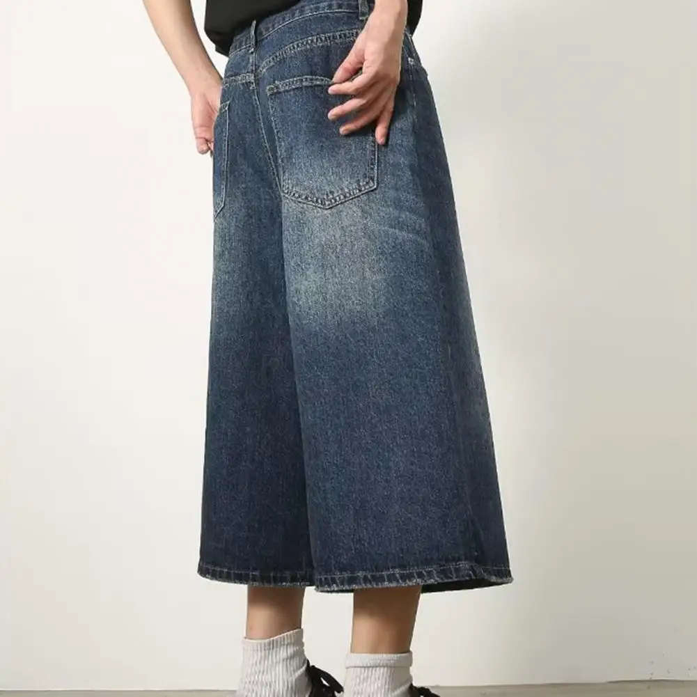 1 buah celana Denim crop kasual pria musim panas kancing tinggi sedang penutup ritsleting celana Denim warna gradien celana crop kaki lebar pakaian jalanan