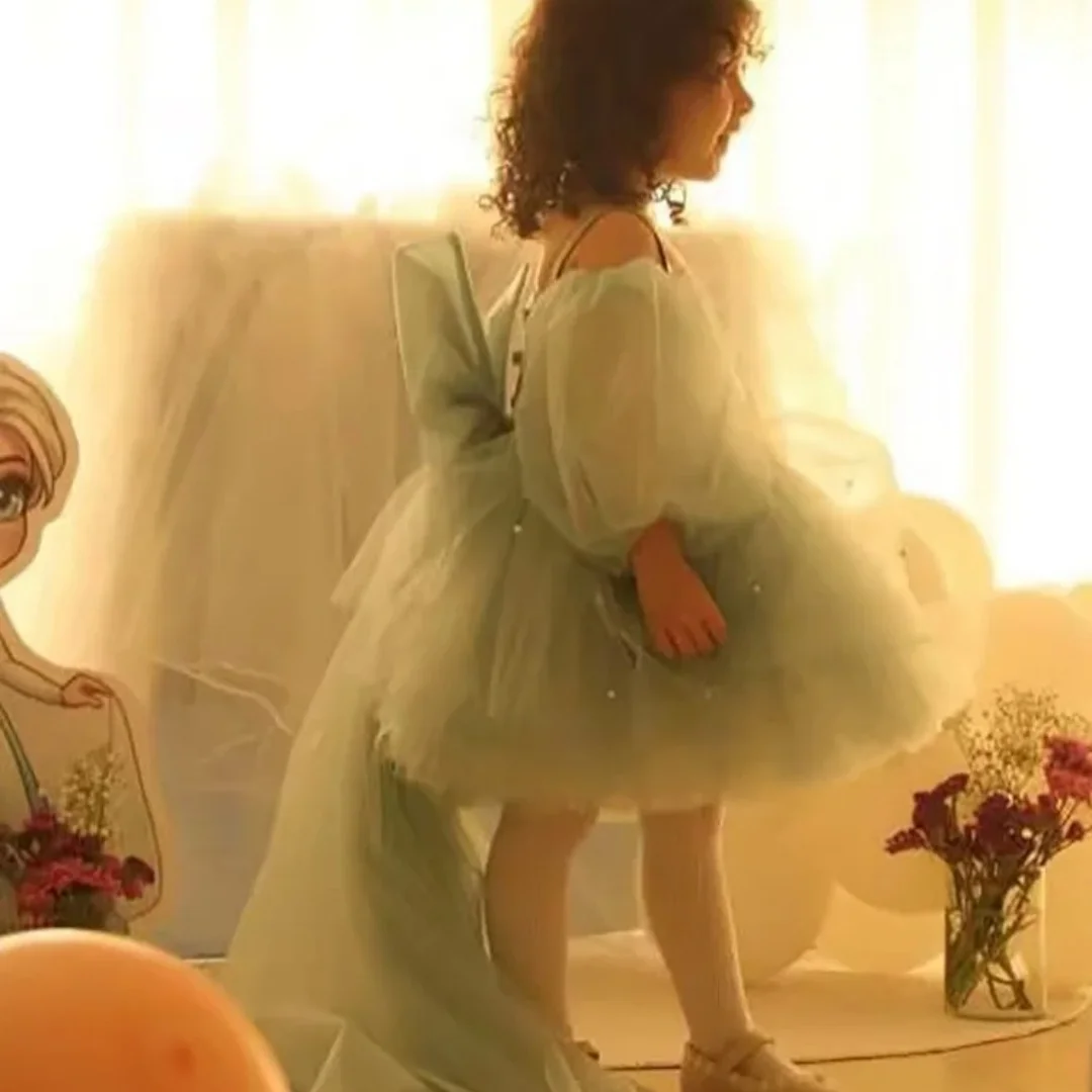 Vestido de niña de flores verde personalizado para boda con lazo hasta la rodilla niña hinchada fiesta de cumpleaños para niños vestidos de primera comunión