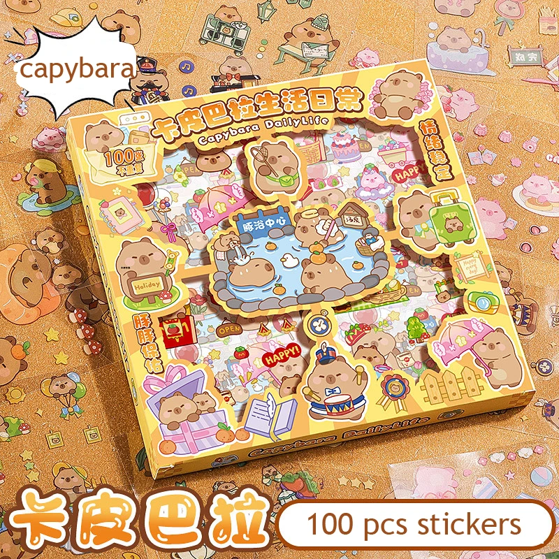 100pcs Kawaii Capybara Sticker Waterproof PET Gift Box Sticker Scrapbook Stickers Pack Diary Decoration Children\'s Stickers