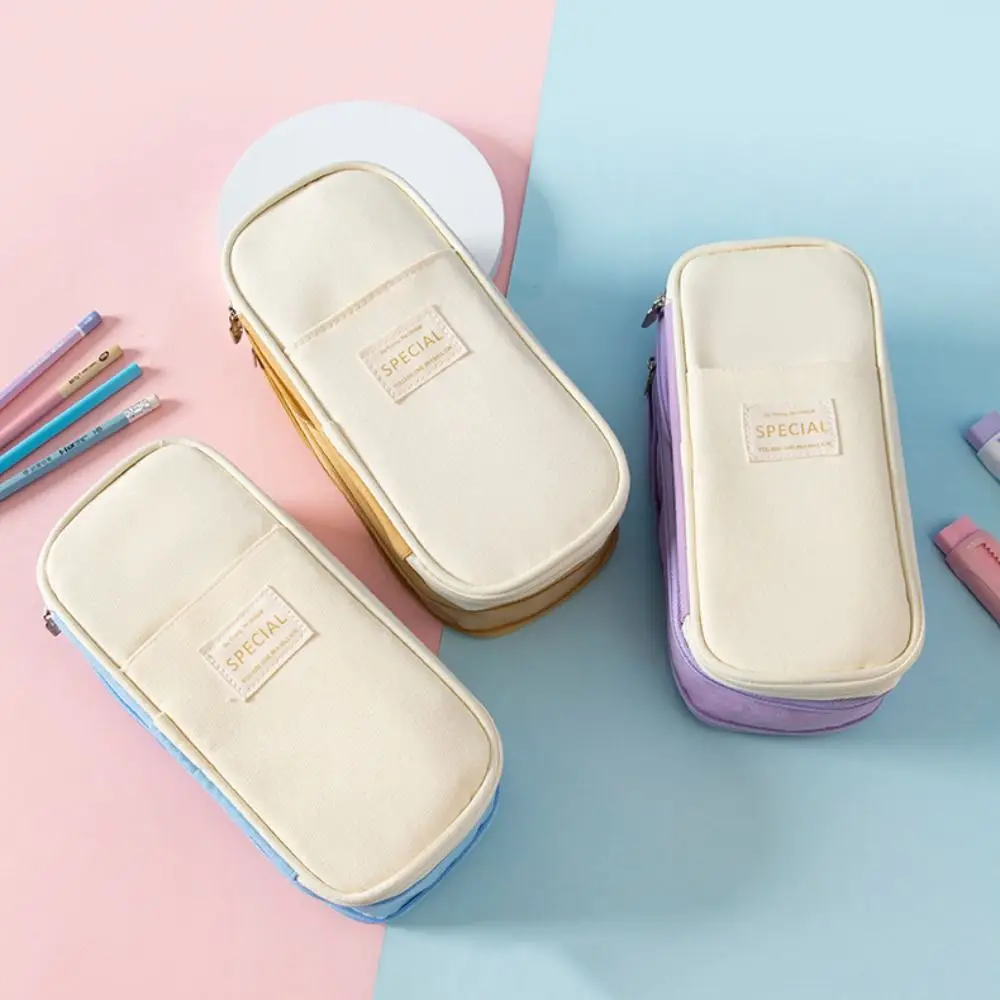 Polyester Simple Student Pen Bag Color Blocked Diagonal Storage Pencil Bag Multilayer Organizer Macaron Pencil Case Stationery