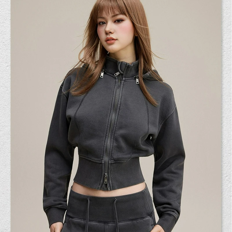 

New Fashionable American Retro Style High Sense Fleece Short Hooded Cardigan Zipper Waist Hoodie Jacket for Women 2026 Autumn