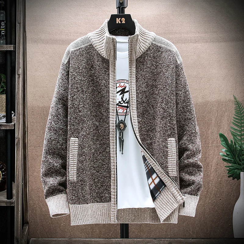 Cardigan de retalhos masculino com zíper, jaqueta de malha, casaco de suéter, retalhos, estilo coreano, outono, inverno, masculino, 8813