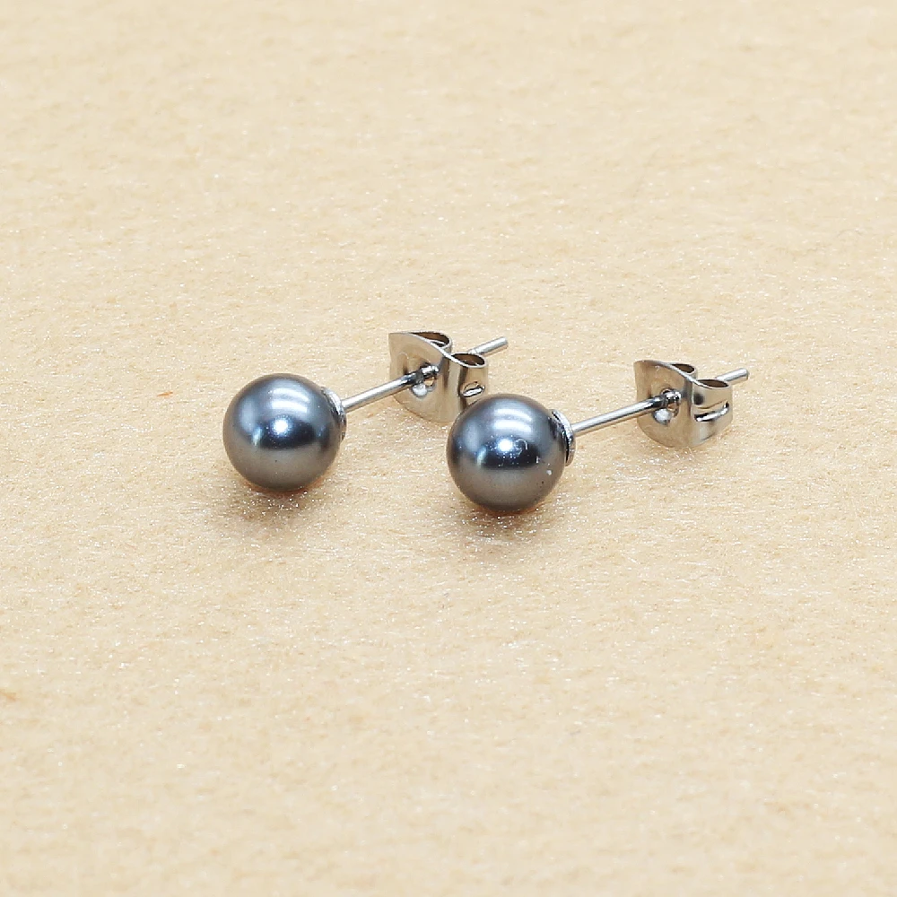 Brief Style Stainless Steel With Nature Shell Beads Dark Grey Pearls Pearl Push-back Stud Earrings 4/6/8/10mm Allergy Free