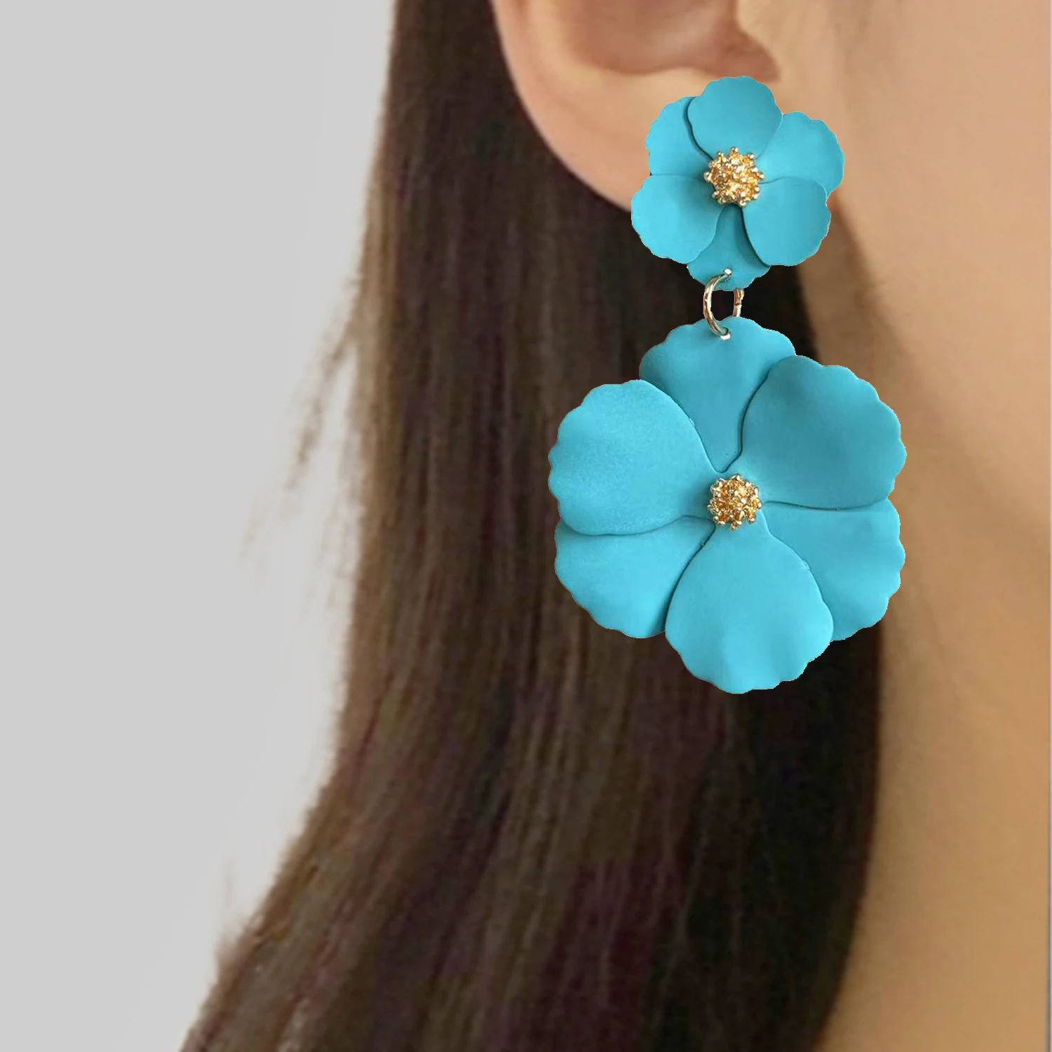 New Fashion Big Flower Drop Earrings for Women Vintage Orange Long Tassel Statement Double Layer Enamel Floral Earring Jewelry