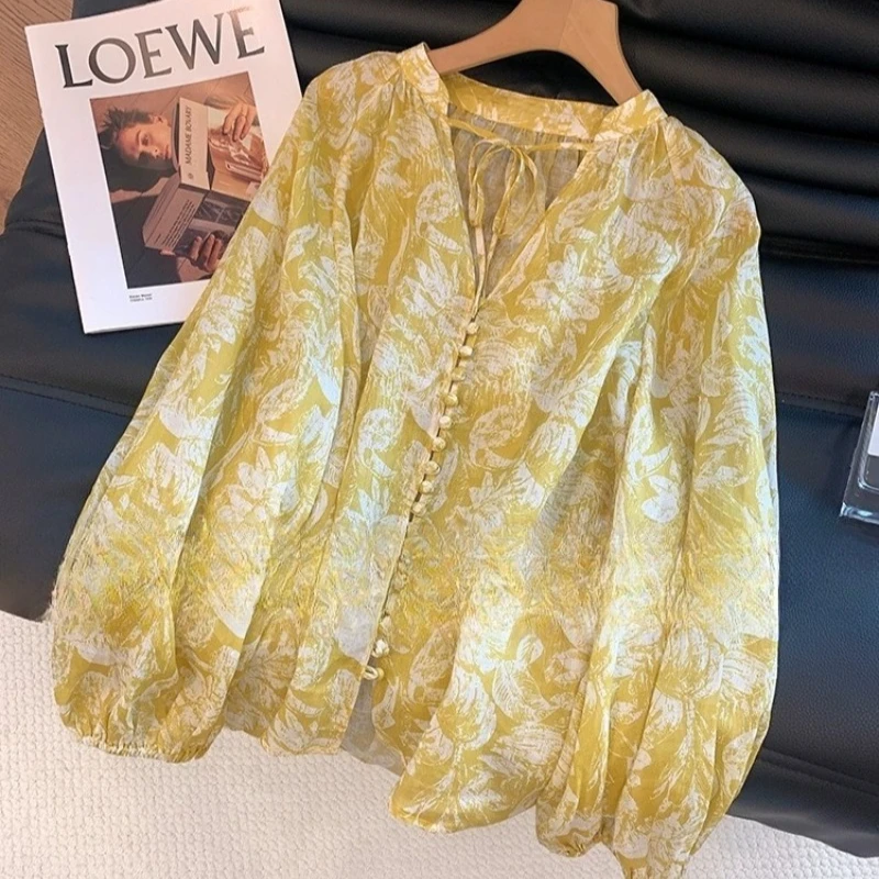 

Chinese Style Women's Blouses Printed Vintage Shirts Fashion Loose Summer Clothing V-neck Long Sleeved Chiffon Women Tops