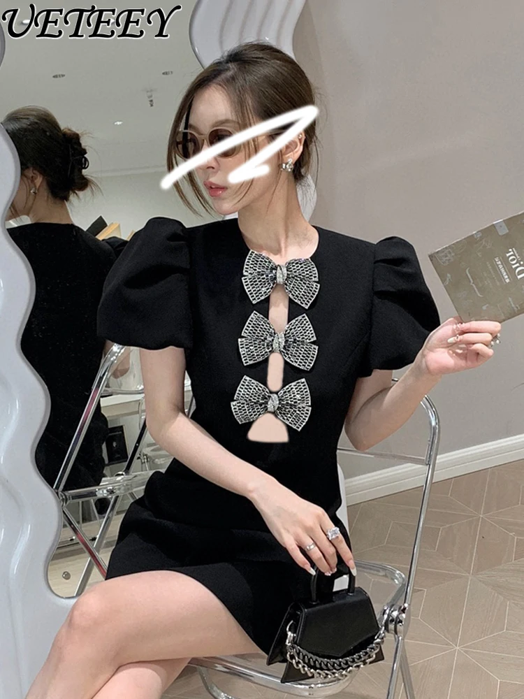 

Summer Graceful Sweet Bow Hollow Puff Short Sleeve Diamond Dress Women's Heavy Industry Waist-Tight Party Black Dresses