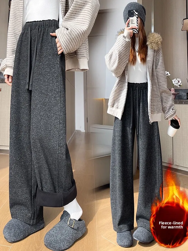 Thiened Fce 카메레 와이드 레그 팬츠 여성 캐주얼 스포츠 루즈 드레이프 스트레이트 나이프 팬츠 하이 웨이스트 폴리에스터 섬유