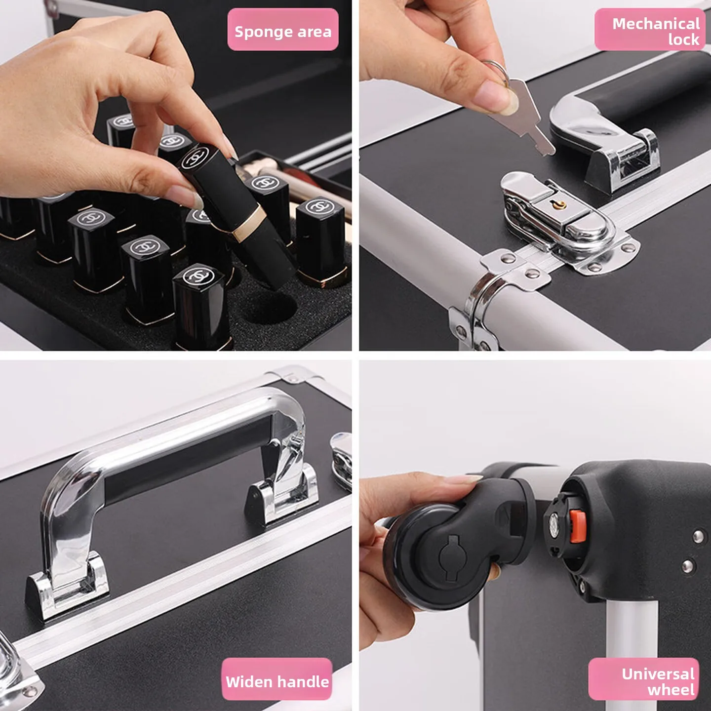 Rolling Makeup Case, Lockable Cosmetic Trolley with Aluminum Alloy Pull Handle and Removable Swivel Wheels, 34 x 24 x 54.5cm - Thumbnail 3
