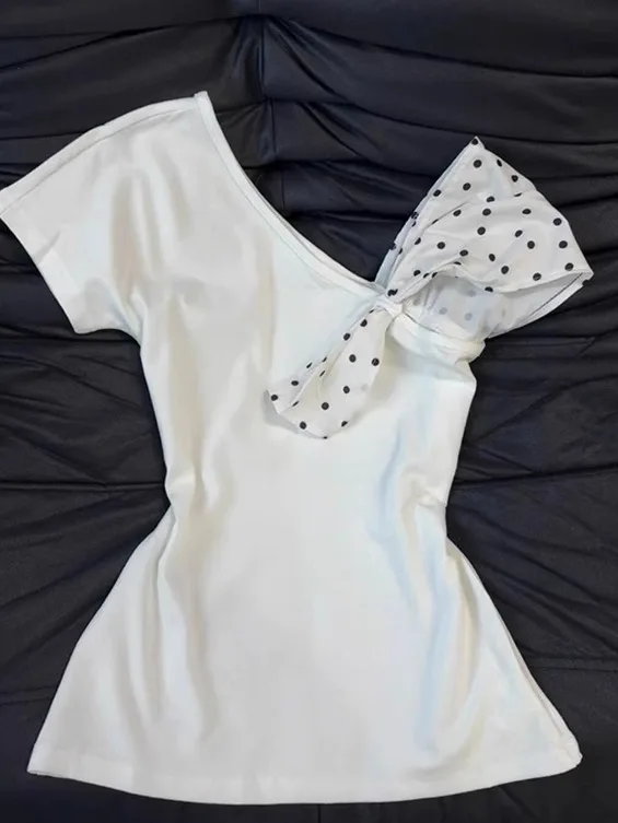 

Korean Style Women's Short Sleeve T-Shirt Pure Cotton Slimming Design Shoulder Bared Commute Style Summer Casual Top