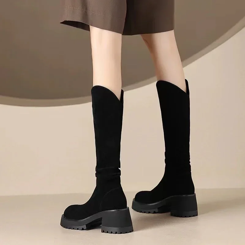 Faux Suede Brown Knee High Western Boots Women 2024 Autumn Chunky Heels Platform Long Boots Woman Pleated Outdoor Botas De Mujer