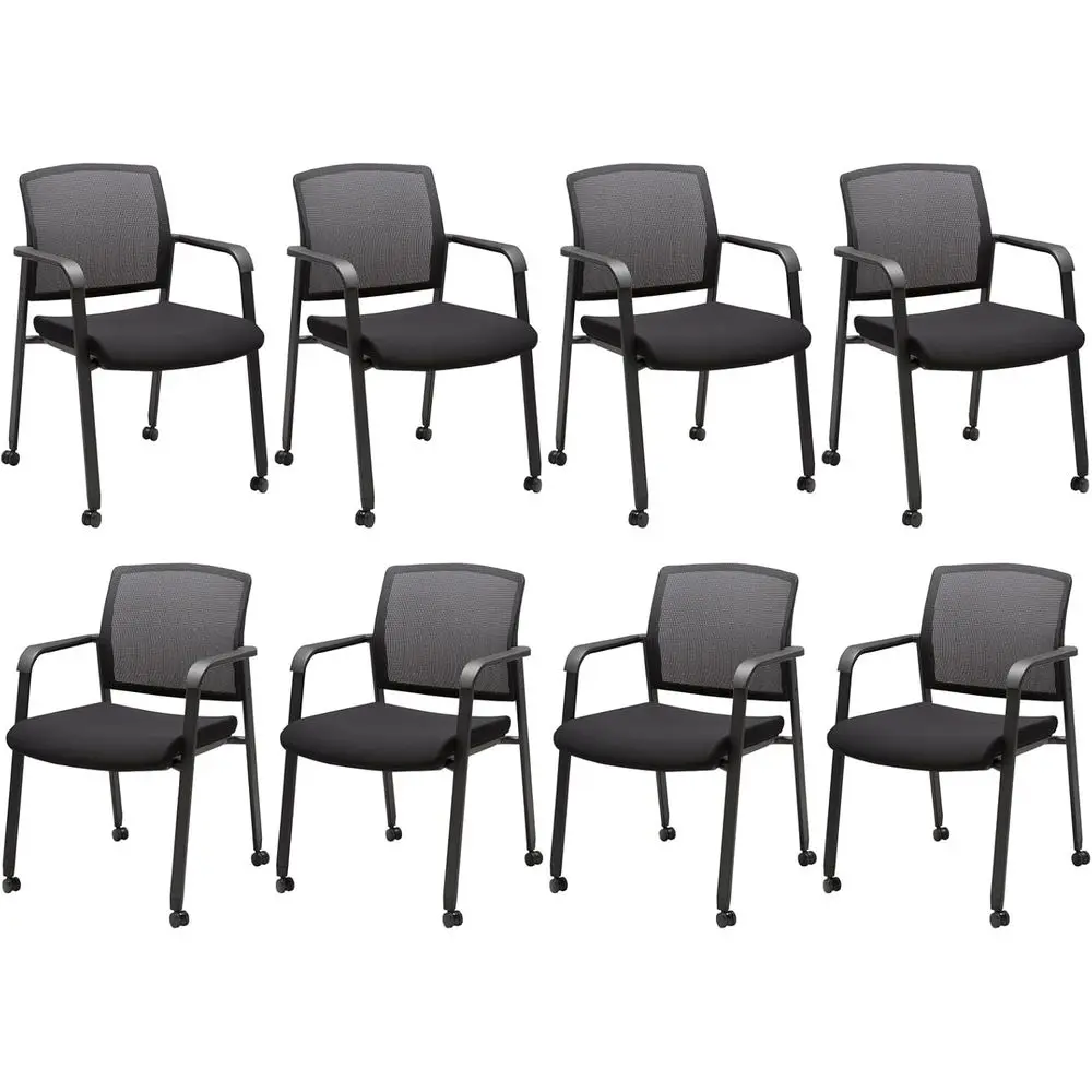 

Набор из 8 складных офисных кресел на колесиках с сетчатой спинкой и подлокотниками, идеально подходят для залов ожидания, школ и церквей, черные