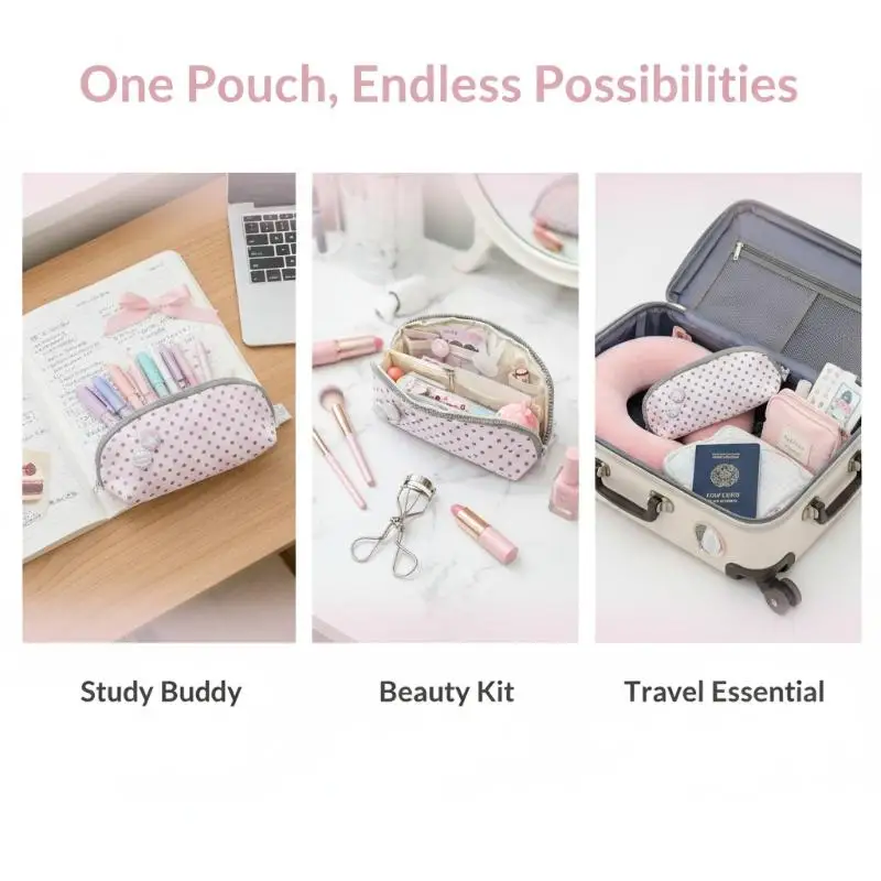 Polka Dot Print Large Capacity Stationery Pouch Shell Shape Multi-Layer Pencil Case for Kids Students Back to School