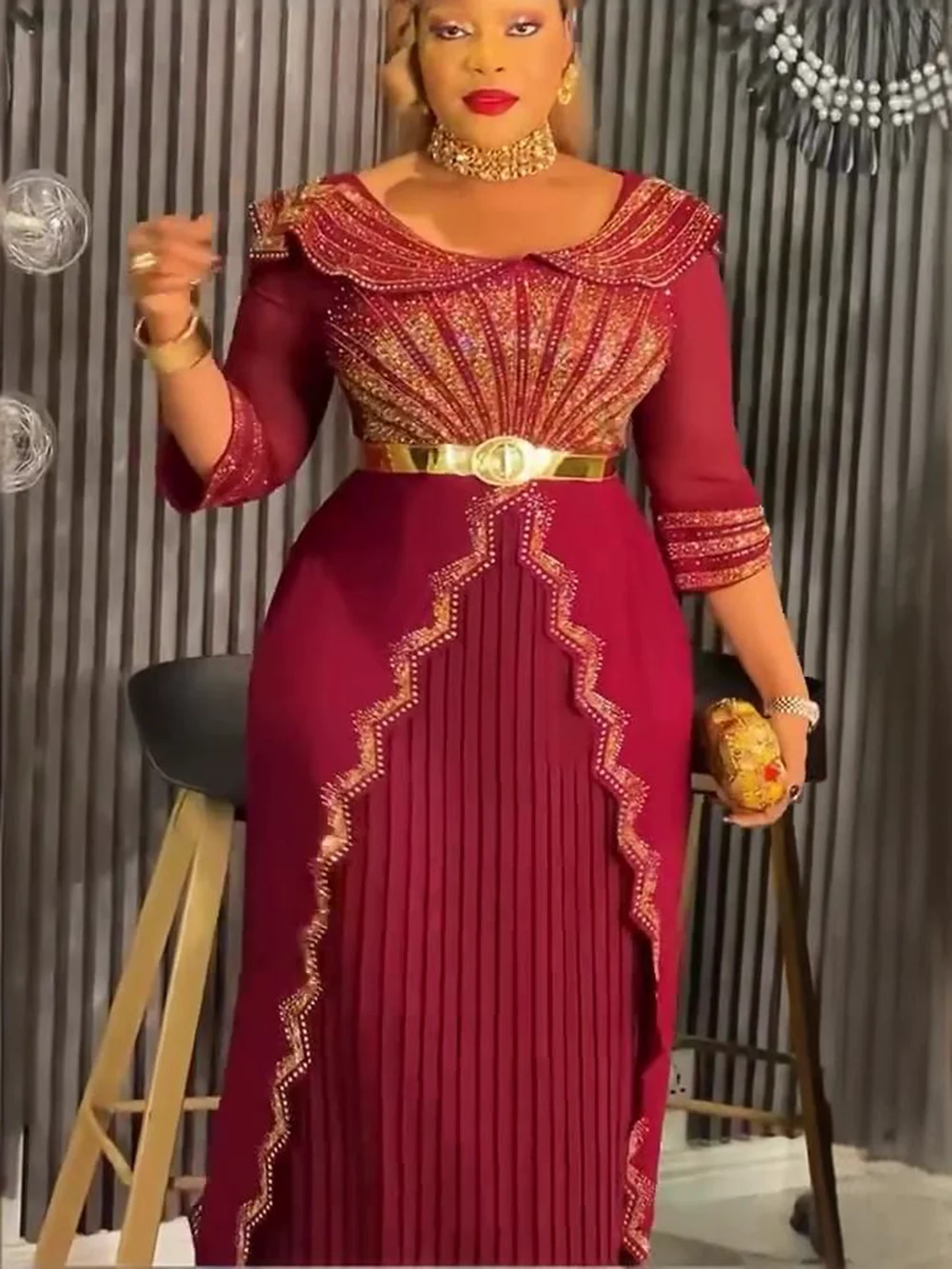 فساتين الحفلات الأفريقية مقاس كبير للنساء Dashiki الماس مطوي فستان طويل أنيق تركيا مسلم ثوب مسائي الزفاف #2