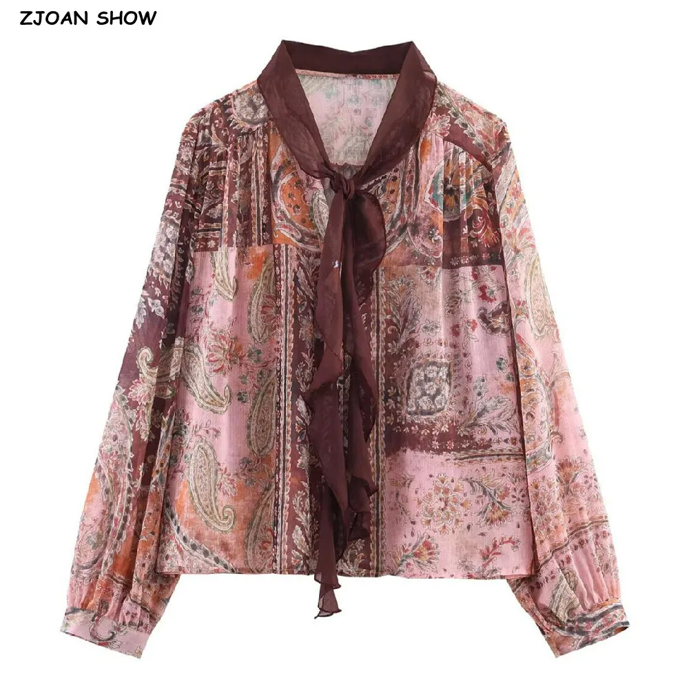 CHIC Spring Summer Tie Bow Collar Paisley Floral Print Chiffon Shirt Women Single-Breasted Button Long Sleeve Loose Blouses Tops
