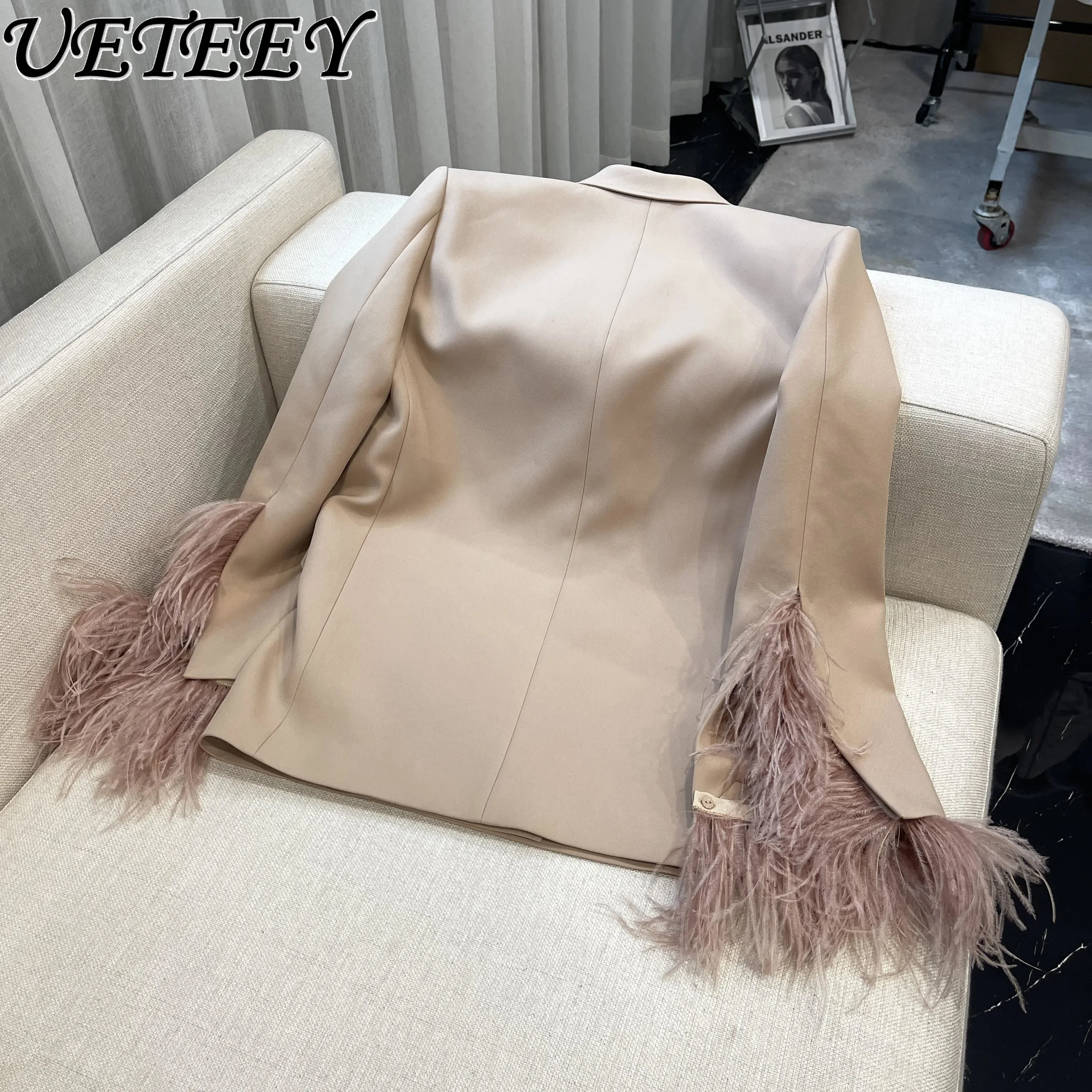 Elegant Ostrich Furry Suit Jacket Women\'s Spring Korean-Style Casual All-Match High-Grade Long Sleeve Suit Fashionable Coat