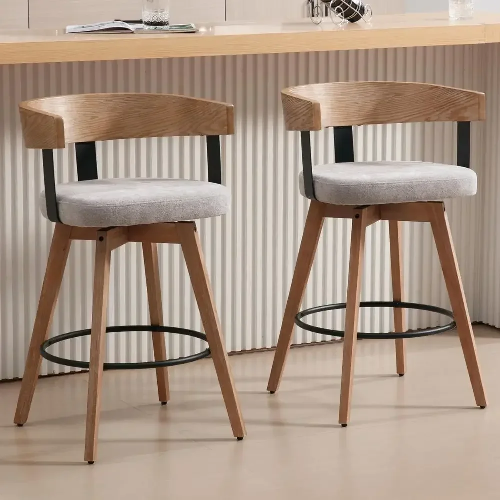 Set of 2, 26 Grey Linen-Upholstered Counter Height Bar Stools with Wooden Backrests for Kitchen Island or Home Bar