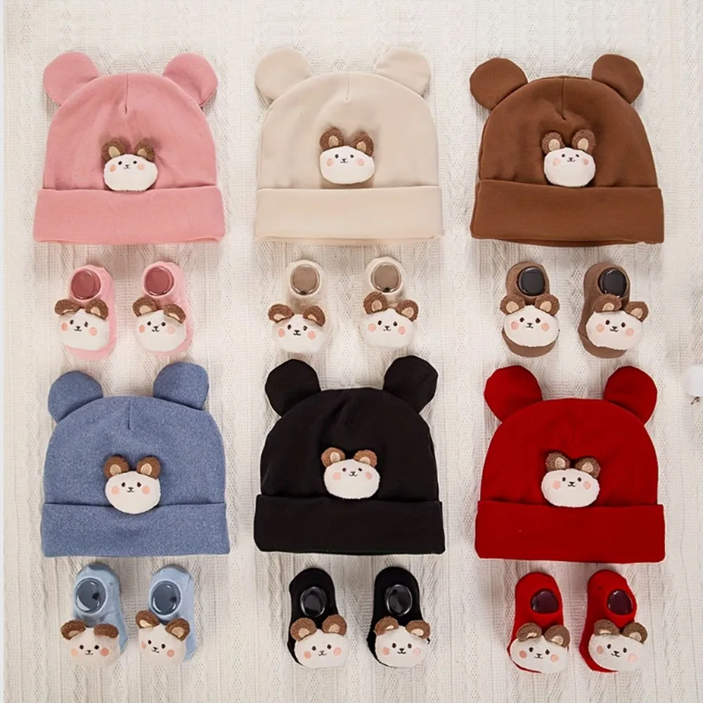 

2pcs/Set Cute Bear Indian Hat Knitted Short Socks Set Baby Hat Turban Halu Gate Brimless Hat Newborn 0-12M Baby Girl Hat