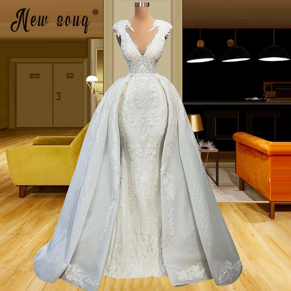 

Ivory 2 in 1 Luxury Wedding Dress Dubai Detachable Train Pearls Bridal Gowns Custom Made Robe de Mariée 2024 Lace Appliqued