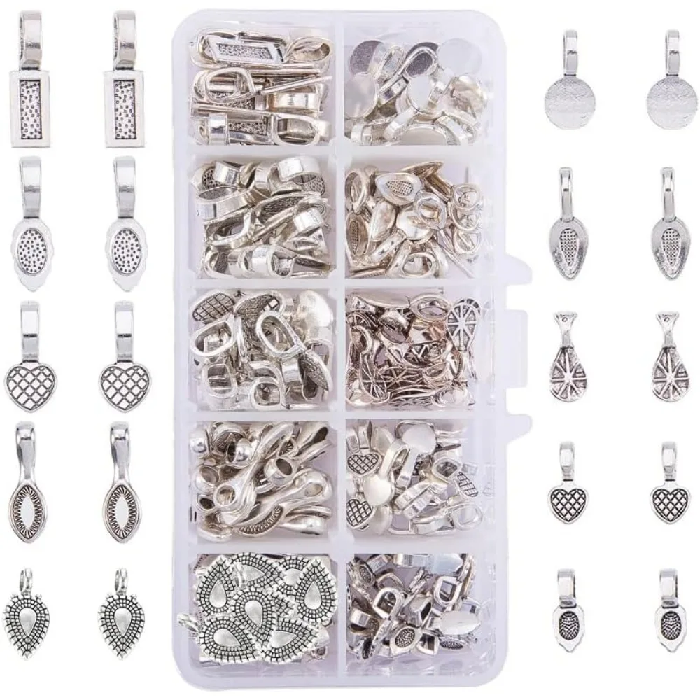 200 Pieces 10 Style Tibetan Silver Alloy Glue-on Flat Pad Bails for Earring or Scrabble and Glass Connector Jewelry making kit