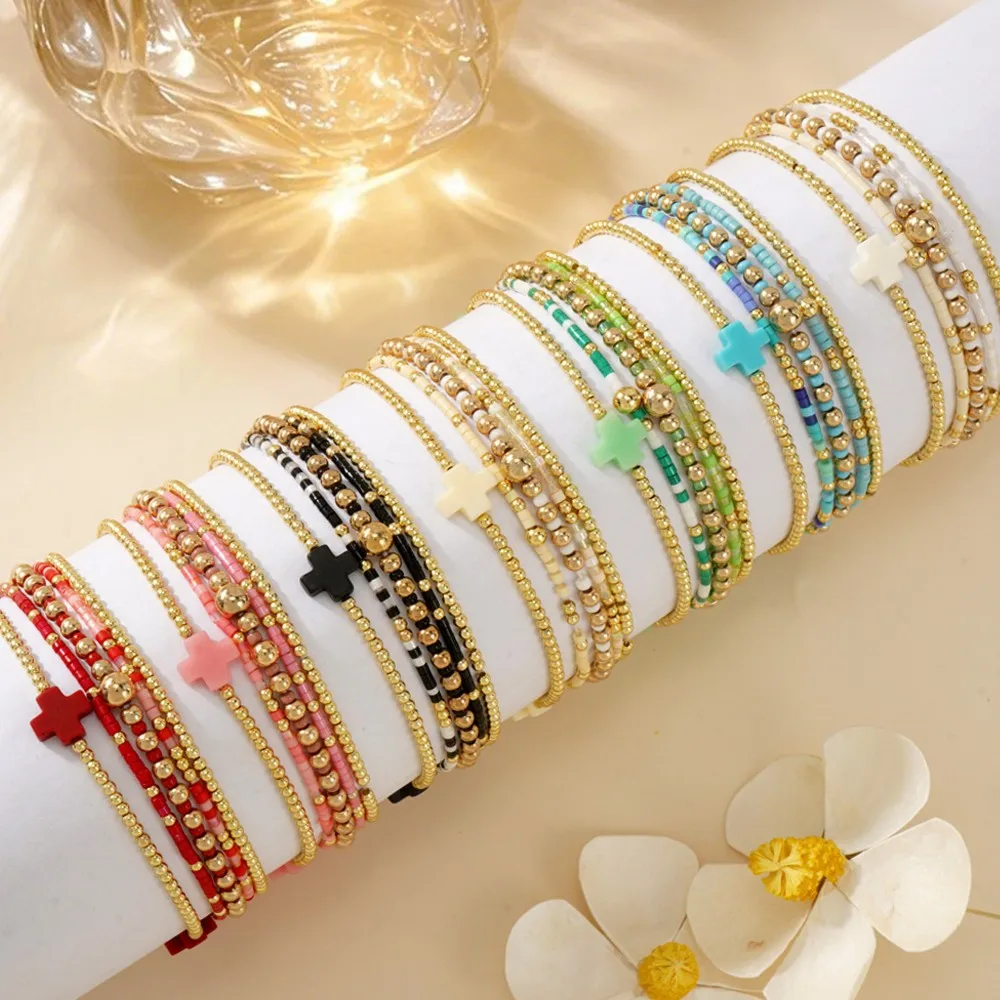 Cross-Border Ins Style Fashion Light Luxury Gold Bead Cross Set Bracelet Hand String Women's High-End Stacked Wearing Jewelry