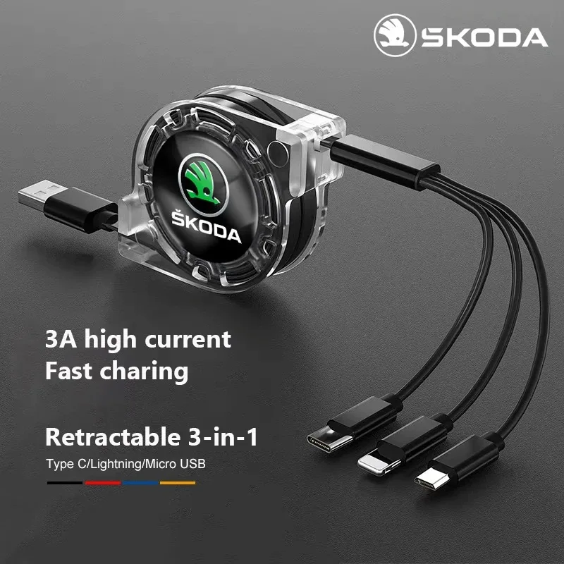 Car 3-in-1 Micro Data Wire USB Type C Fast Charger For Skoda Octavia MK2 MK3 2 3 A7 Fabia Karoq Kodiaq Rapid Car Accessories