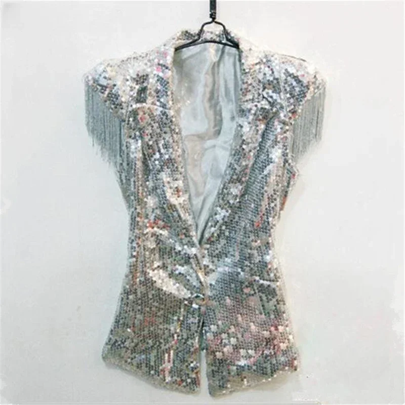 Silver Gold Sequins Fringe Vest Tops Fashion Female Male Singer Performance Lead Dancer Team Tassel Shoulder Jazz Dance Costume