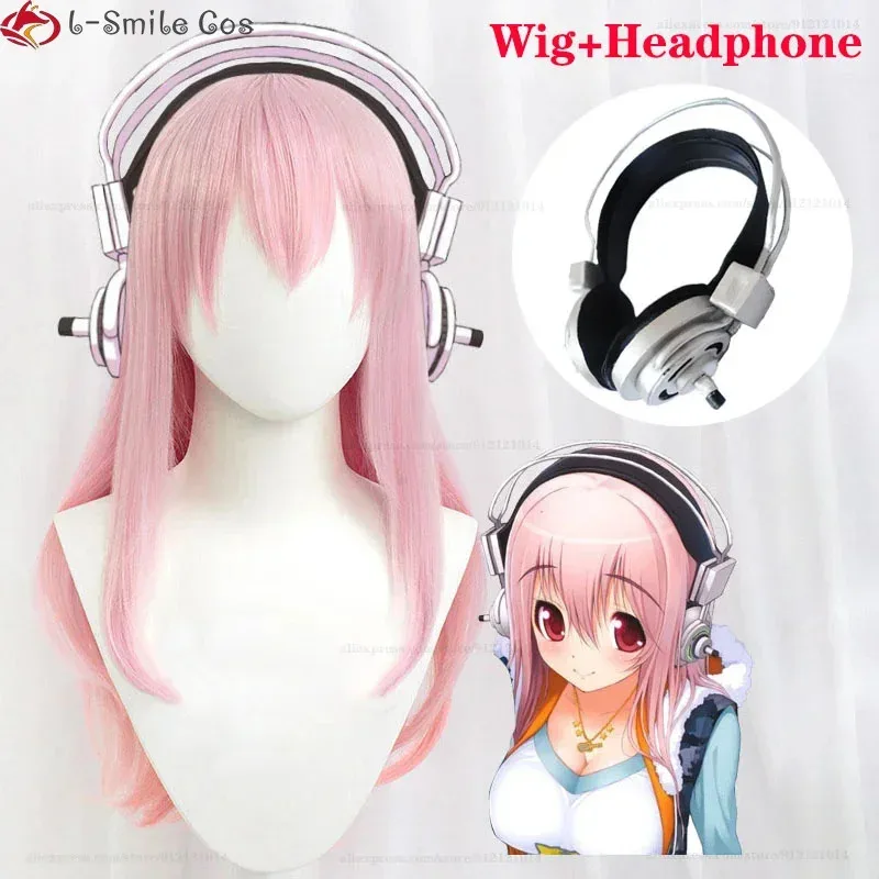 lili 12360cm Long Super Sonico Supersonico Pink Heat Resistant Synthetic Hair Anime Halloween Party Wigs With Toy Headset Headph