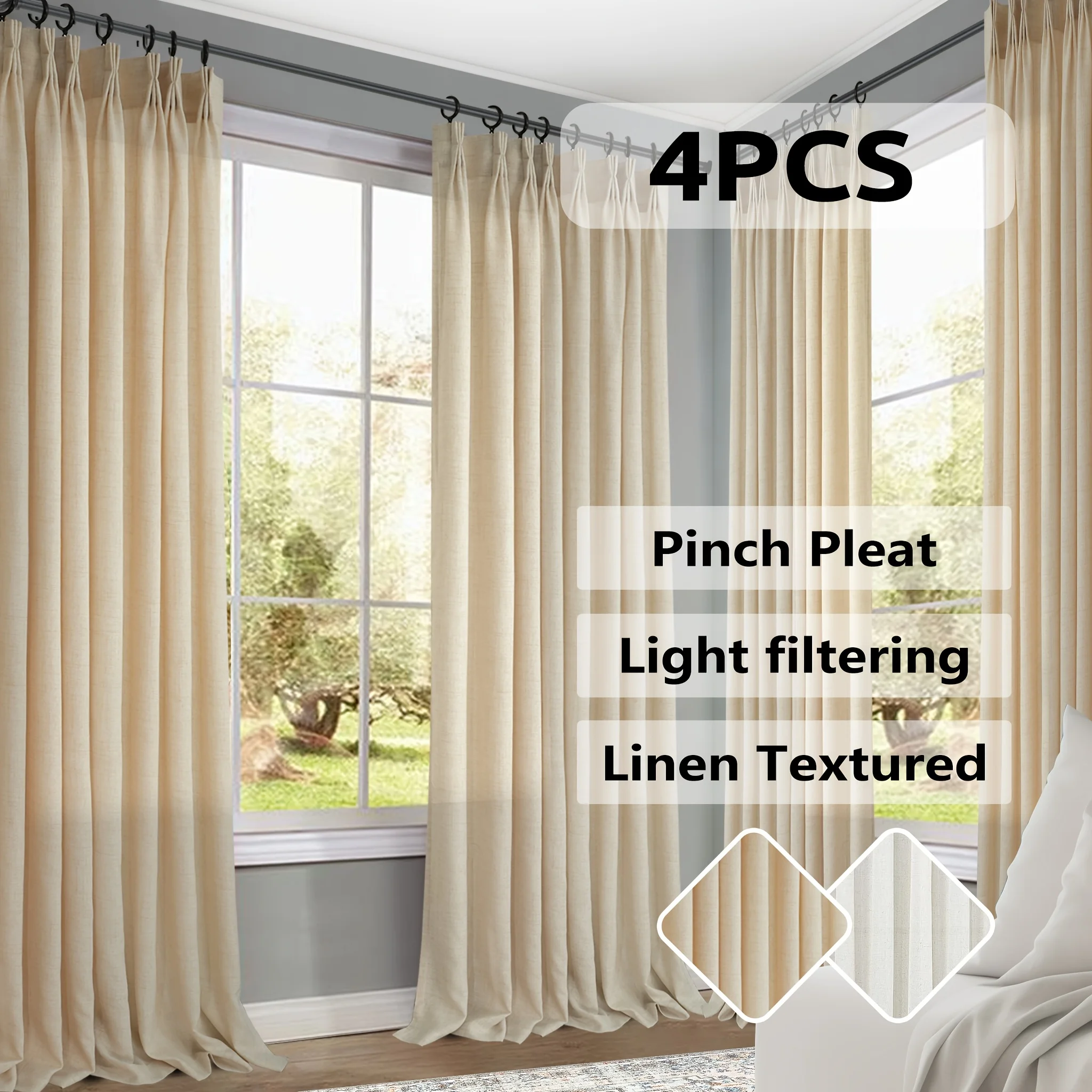 4 Panels Pinch Pleat Textured Semi Sheer Solid Farmhouse And Modern Rustic Curtains for Living Room Bedroom Back Tabs