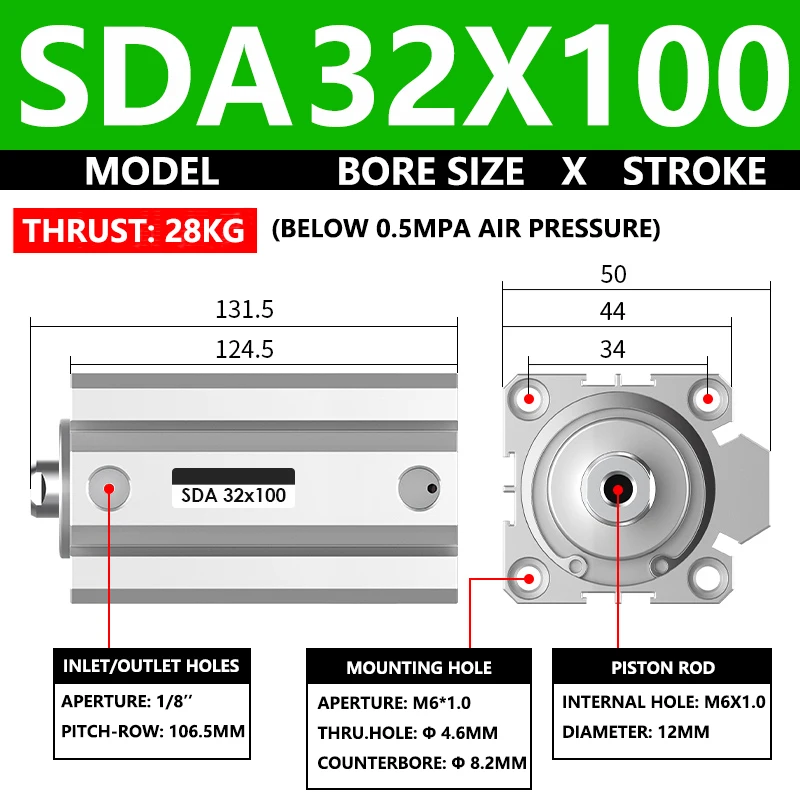 

ABILKEEN SDA32X100 SDA Series Thin Air Cylinder 32MM Female Thread Bore X 100MM Stroke Double Acting Pneumatic Compact Cylinder
