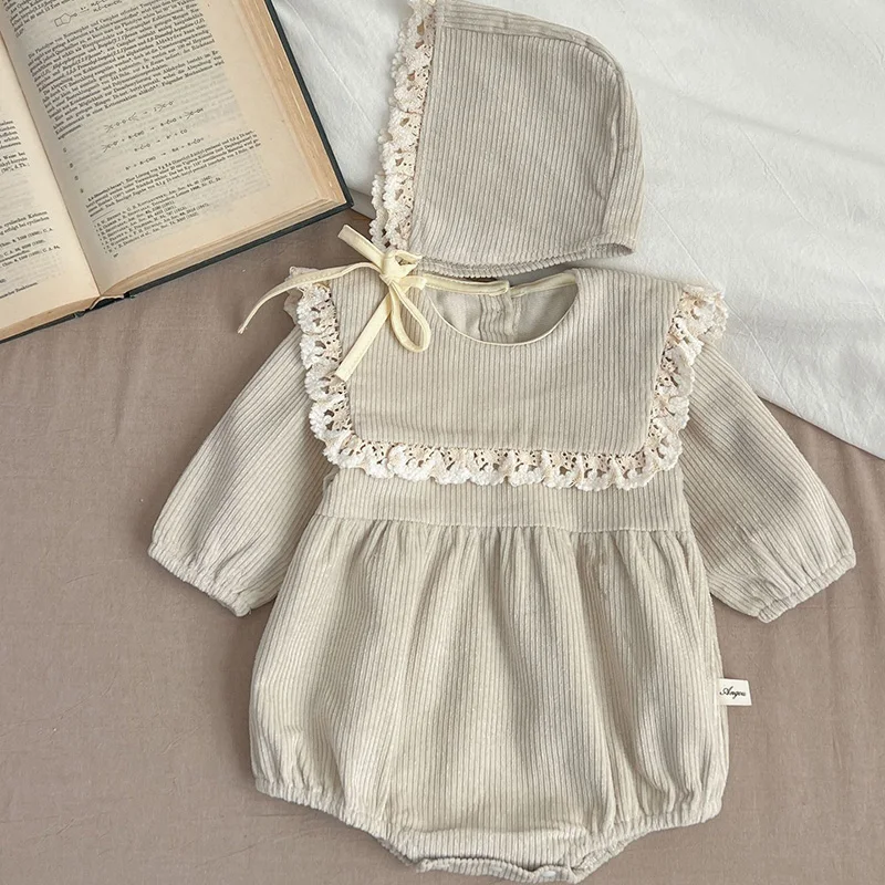 2024 New Spring Children Clothes Toddler Baby Girls Romper+Hat Long Sleeved Corduroy Lace Splicing Korean Style Climbing Suit